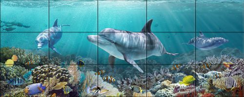 Tropical ceramic tile mural with dolphins, colorful fish, and coral reef