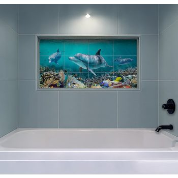 Tropical ceramic tile mural with dolphins, colorful fish, and coral reef