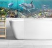 Tropical ceramic tile mural with dolphins, colorful fish, and coral reef