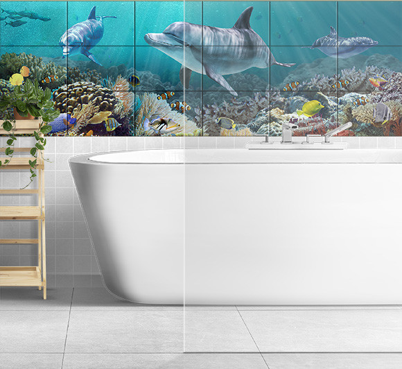 Dolphin Coral Reef Tile Mural – Tropical Ceramic Wall Art |
