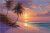 Tropical tile mural with palm trees and sunset on a serene beach