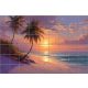 Tropical tile mural with palm trees and sunset on a serene beach
