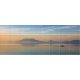 Ceramic tile mural of Badacsony at sunset with a rowing boat and lake reflections