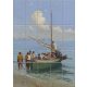 Seaside fishermen and wooden sailing boat ceramic tile mural with blue sea and clouds