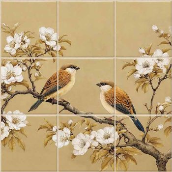 Ceramic tile mural - finches on the cherry tree