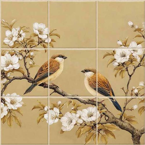 Ceramic tile mural - finches on the cherry tree