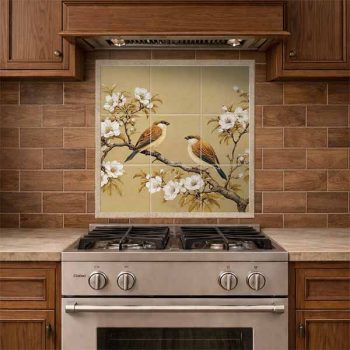 Ceramic tile mural - finches on the cherry tree