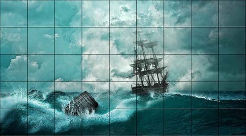 Ceramic tile mural of a sailing ship in a stormy sea with dark clouds and dramatic waves
