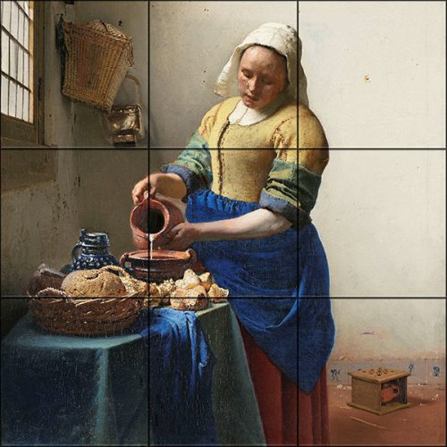 Tile mural with milkmaid pouring milk, bread and classic kitchen setting - Vermeer painting