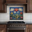 Tile mural with stylized poppies, daisies, roses, and forget-me-nots on a starry night background