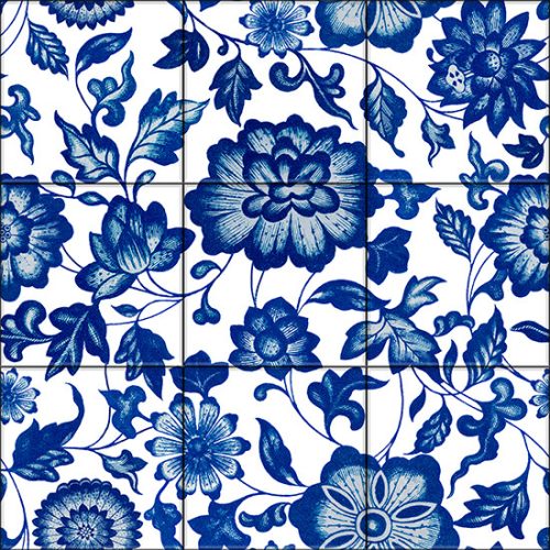 Chinoiserie-style ceramic tile mural with blue floral and leaf motifs on white background