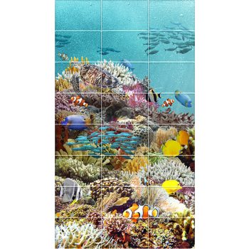 Tile mural with tropical fish, coral reef, and sea turtle Tile mural with tropical fish, coral reef, and sea turtle