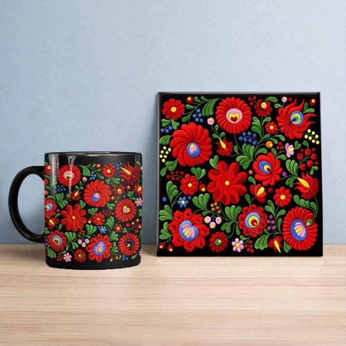 Hungarian Matyó pattern tile trivet and ceramic mug with colorful Hungarian folk floral motifs