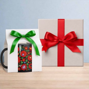 Hungarian Matyó pattern tile trivet and ceramic mug with colorful Hungarian folk floral motifs