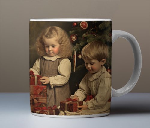 Opening gifts Christmas mug