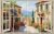 Mediterranean window tile mural – Tuscan street with floral houses and scenic hill view