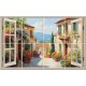 Mediterranean window tile mural – Tuscan street with floral houses and scenic hill view