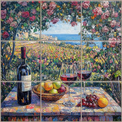Impressionist ceramic tile mural with mediterranean landscape with rose arch, red wine bottle, fruit basket, grapes, and vineyards overlooking the sea