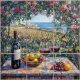 Impressionist ceramic tile mural with mediterranean landscape with rose arch, red wine bottle, fruit basket, grapes, and vineyards overlooking the sea