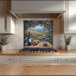 Impressionist ceramic tile mural with mediterranean landscape with rose arch, red wine bottle, fruit basket, grapes, and vineyards overlooking the sea