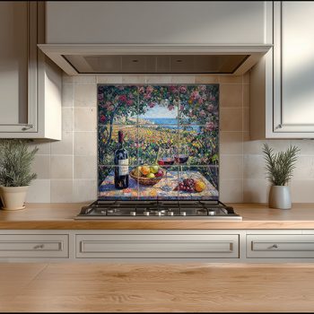 Impressionist ceramic tile mural with mediterranean landscape with rose arch, red wine bottle, fruit basket, grapes, and vineyards overlooking the sea