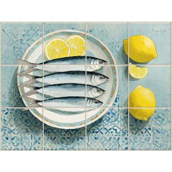 ceramic tile mural with sardines and lemon kitchen scene