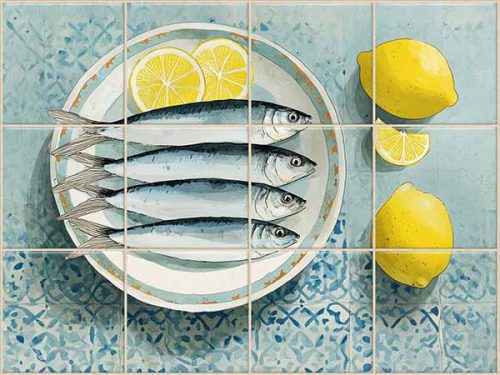 ceramic tile mural with sardines and lemon kitchen scene