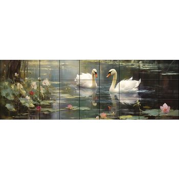 two swans swimming on a lily-covered pond – romantic nature ceramic tile mural two swans swimming on a lily-covered pond – romantic nature ceramic tile mural