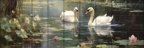 two swans swimming on a lily-covered pond – romantic nature ceramic tile mural