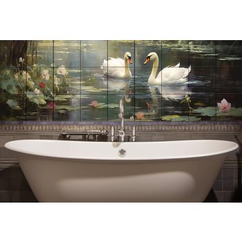 two swans swimming on a lily-covered pond – romantic nature ceramic tile mural