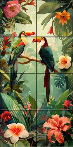 Two toucans in tropical jungle with colorful flowers – exotic tile mural