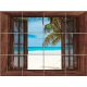 Tropical beach with palm tree seen through an open wooden window – exotic ceramic tile mural