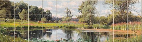 Ceramic tile mural of summer landscape with trees, water lilies and a calm lake