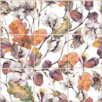 Decorative ceramic tile mural with cotton flowers, oak leaves, and acorns in warm autumn tones
