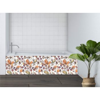 Decorative ceramic tile mural with cotton flowers, oak leaves, and acorns in warm autumn tones