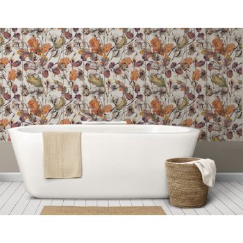 Decorative ceramic tile mural with cotton flowers, oak leaves, and acorns in warm autumn tones