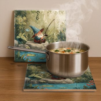 Fishing Gnome - ceramic tile trivet