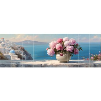 Mediterranean Tile Mural with Peonies and Santorini View Mediterranean Tile Mural with Peonies and Santorini View