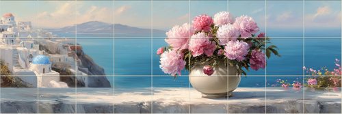 Ceramic tile mural with mediterranean landscape and bouquet