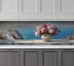 Ceramic tile mural with mediterranean landscape and bouquet