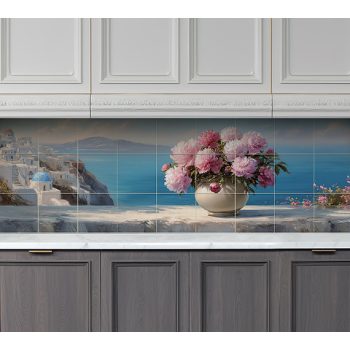 Mediterranean Tile Mural with Peonies and Santorini View