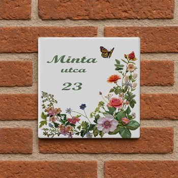 Ceramic house number sign with flower butterfly and berry motif