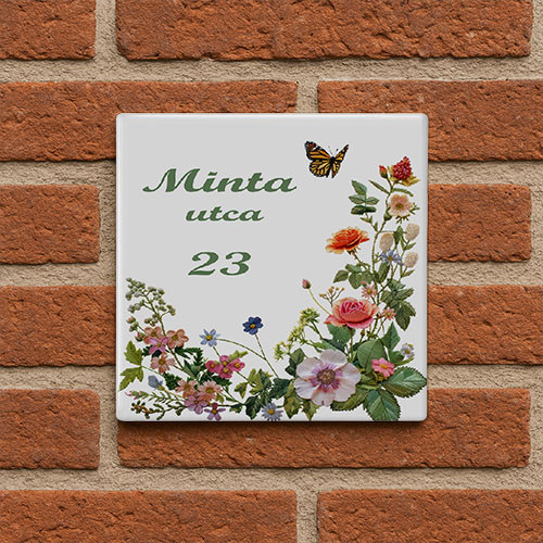 Ceramic house number sign with flower butterfly and berry motif