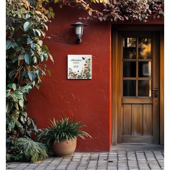 Ceramic house number sign with flower butterfly and berry motif