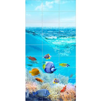 Tile mural with tropical fish and coral reef in the blue ocean