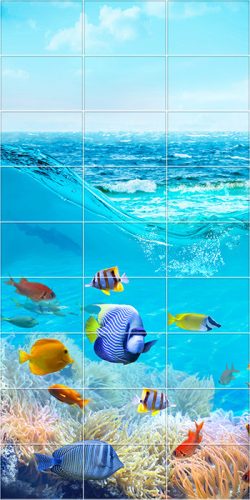 Tile mural with tropical fish and coral reef in the blue ocean
