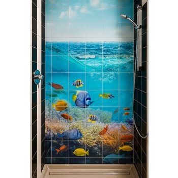 Tile mural with tropical fish and coral reef in the blue ocean