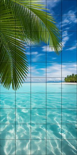 Palm leaf over turquoise lagoon – tropical tile mural