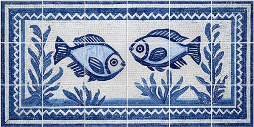 Blue and white Mediterranean fish mosaic decorative tile