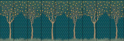 Minimalist-style ceramic tile mural featuring four stylized orange trees with a dark green trellis background
